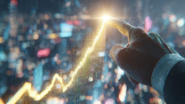 Business Hand Pointing At Growing Digital Graph In Cityscape