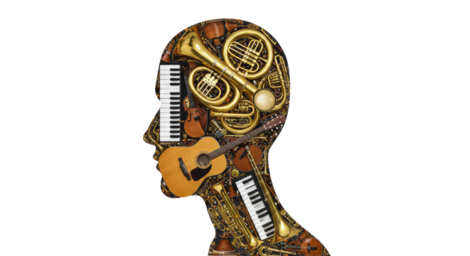Musical Mind: A Silhouette of a Head Filled with Brass and Stringed Instruments Against a Black Background, Ideal for Music Education and Branding