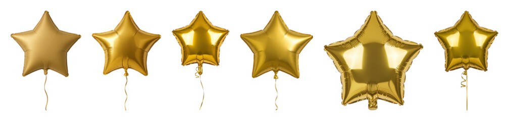 Gold star balloon set including matte, glossy, and reflective finishes with various strings isolated. Party and celebration decoration collection.