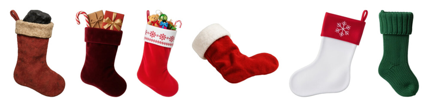 Christmas stocking set including velvet, knit, and felt styles with gifts or coal isolated. Festive holiday decor and seasonal celebration.