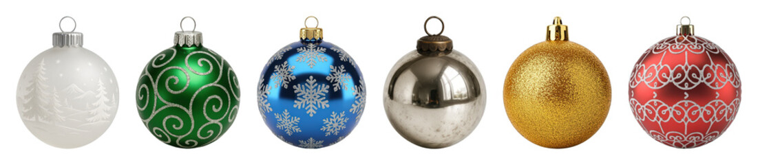 Christmas ornament set including white, green, blue, silver, gold, and red baubles with glitter and metallic finishes isolated. Holiday season decoration.