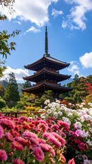 Fototapeta premium Pagoda amidst colorful autumn flowers and trees
