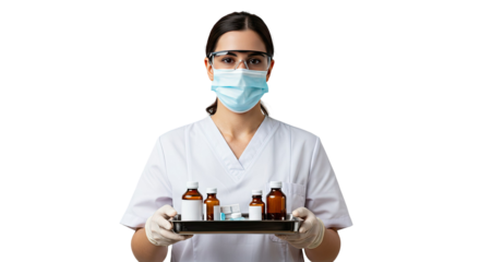 Portrait of a Pharmacist Female Healthcare Professional Holding a Tray of Medications Against a Black Background: A Confident Young Woman in a White