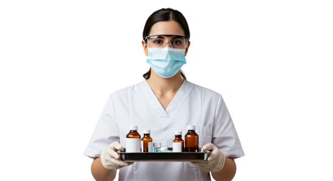 Portrait of a Pharmacist Female Healthcare Professional Holding a Tray of Medications Against a Black Background:  A Confident Young Woman in a White - Powered by Adobe