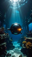 Underwater futuristic vehicle amidst coral