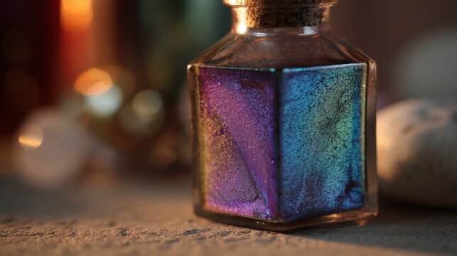 Holographic witch potion bottle with color-shifting glass. Magical elixir