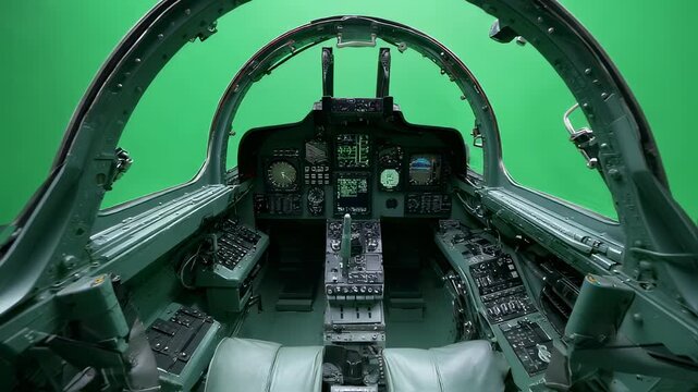 Isolated overhead shot of canopy gently rising using gas struts to reveal an unoccupied cockpit enhancing virtual reality and pilot simulation designs.