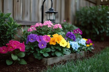 Vibrant multicolored flowers in a garden bed.