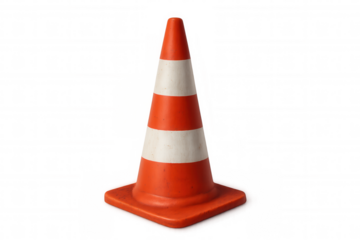 Striped orange and white traffic cone standing on a transparent background, representing safety and caution in work zones