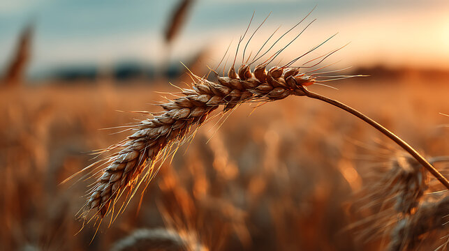 Close-up of a golden wheat ear gently swaying in a sun-drenched field at sunset, symbolizing agriculture, harvest, and natural beauty.
