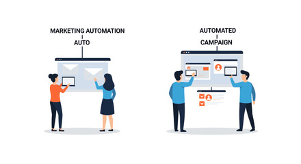 Business People Automating Marketing Campaigns on Digital Screens, Teamwork Analyzing Automated Processes, Campaign Optimization