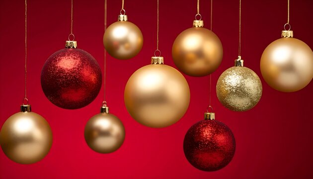 Christmas ornaments, gold and red, hanging on strings against red background