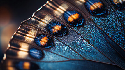 A close-up image of a butterfly wing showcasing iridescent blue and orange patterns against a blurred background.