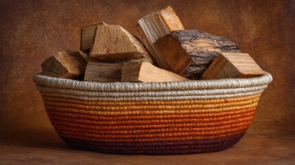 Obraz premium Wooden Logs Arranged in a Decorative Woven Basket With Warm Colors in a Cozy, Rustic Setting