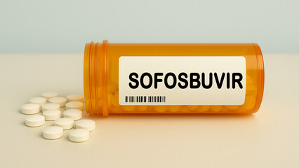 Box of SOFOSBUVIR tablets on a hospital pharmacy table used to treat hepatitis C a direct acting...