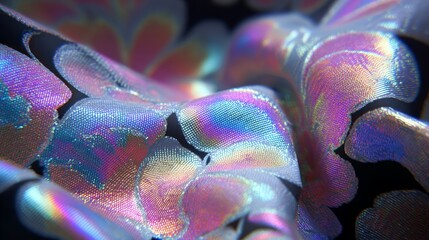 Holographic Halloween fabric with shifting ghost patterns. Iridescent textile surface