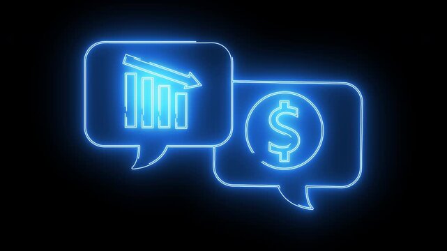 dollar coin chat icon and down graph icon with neon effect