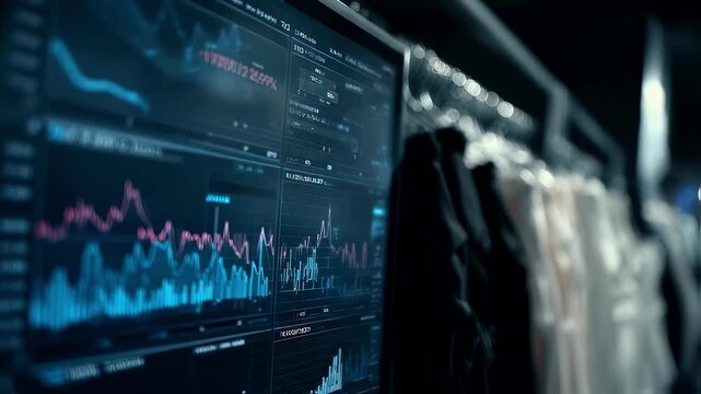 Close medium shot of digital display showing fiber type data linked to RFID tags on textiles with a blurred factory setting underscoring smart sustainable sorting innovation.