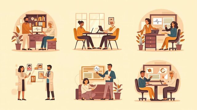 Animated illustrations showcase diverse business and healthcare consultations in professional office and home settings