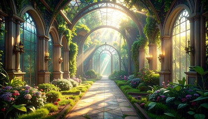 Sunlight-drenched, ornate garden path