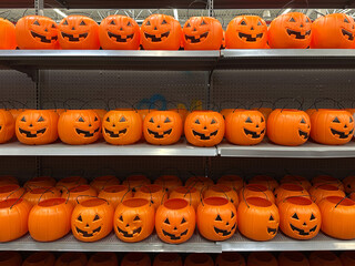 Plastic pumpkins buckets ready for Halloween