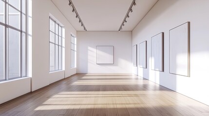 Bright minimalist art gallery interior with natural light streaming through windows showcases