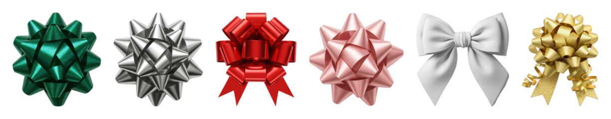 Gift bows set including metallic, glitter, and satin ribbon styles in green, silver, red, rose gold, white, and gold isolated. Holiday decoration and gift wrapping.