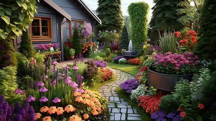 Lush garden pathway leading to quaint house, bursting with colorful blooms and greenery