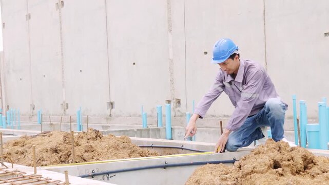 Male plumbing contractor carefully reviews the construction plans and measures dimensions structural channels laying drainage pipes water supply systems and water distribution pipes townhouse project.