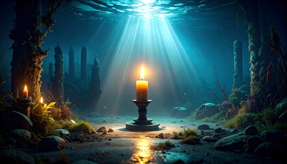 Underwater mystical scene with candle