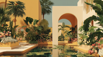 Dreamlike Desert Tropics: Surreal Architecture and Lush Oasis Landscapes in Heightened Reality Fantasy Environments