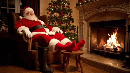Santa Claus reclining in cozy armchair next to roaring fire and decorated tree