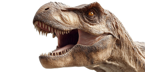 Fototapeta premium Detailed closeup of a Tyrannosaurus Rex head with open mouth and sharp teeth isolated on black, concept for paleontology education, prehistoric animal studies, and dinosaur exhibition materials