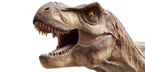 Detailed closeup of a Tyrannosaurus Rex head with open mouth and sharp teeth isolated on black, concept for paleontology education, prehistoric animal studies, and dinosaur exhibition materials