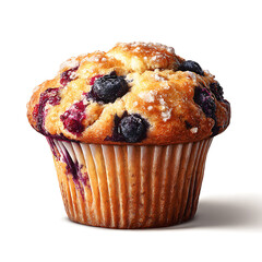 A freshly baked blueberry muffin with golden-brown crust and visible berries, presented in a paper liner against a white background.