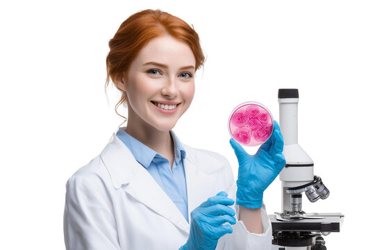 Smiling female scientist in lab coat holding petri dish with pink rose-shaped colonies, concept for microbiology research, dermatology studies and cosmetic product testing
