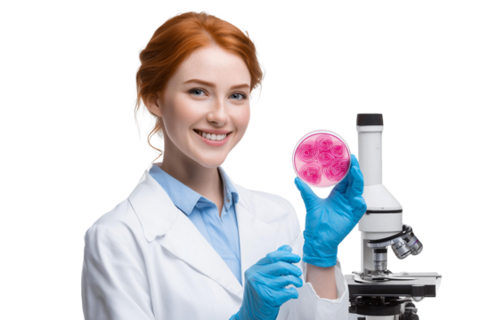 Smiling female scientist in lab coat holding petri dish with pink rose-shaped colonies, concept for microbiology research, dermatology studies and cosmetic product testing