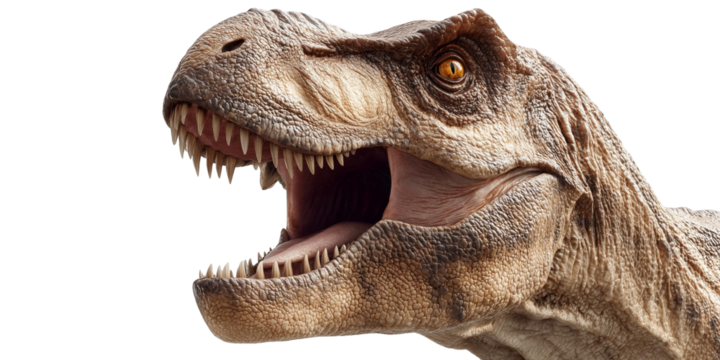 Detailed closeup of a Tyrannosaurus Rex head with open mouth and sharp teeth isolated on black, concept for paleontology education, prehistoric animal studies, and dinosaur exhibition materials