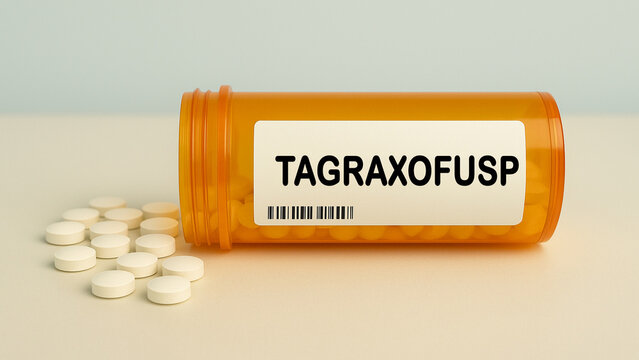 Box of TAGRAXOFUSP tablets on a hospital pharmacy table used to treat blastic plasmacytoid dendritic cell neoplasm a fusion protein therapy.