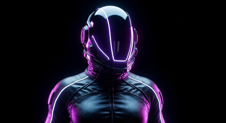 "Futuristic Neon Helmeted Cyborg with Purple Glow"