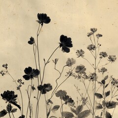 Naklejka premium Ethereal Dance of Wildflower Silhouettes on a Faded, Textured Parchment.