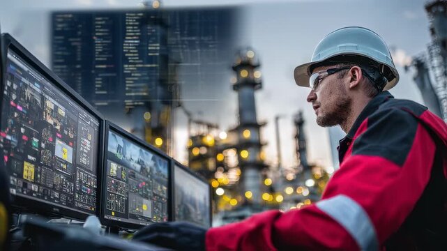 Focused view of a chemical engineer monitoring thermal cracking process controls with outoffocus refinery setups emphasizing output improvement techniques.