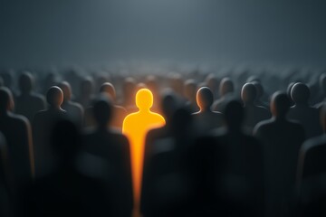 Fototapeta premium Glowing figure stands out in a crowd of dark silhouettes, symbolizing individuality and uniqueness, concept for leadership recognition, standing out from the crowd and personal branding
