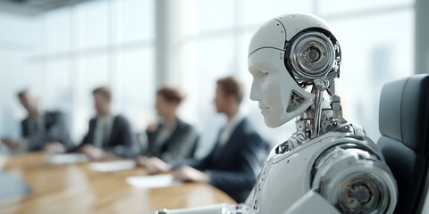 Close-up of a humanoid robot in a meeting room with blurred business people at the table, concept for artificial intelligence integration, advanced technology in workplace and automation process