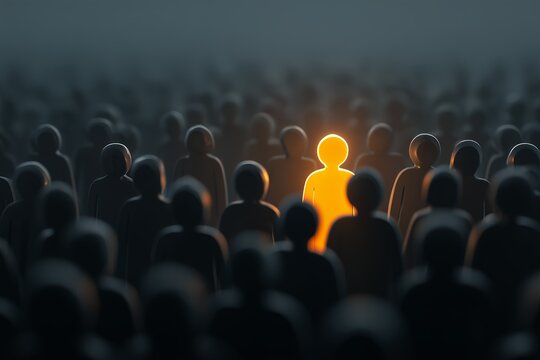 Abstract crowd with one glowing figure standing out against a dark backdrop, concept for leadership inspiration, individual recognition and competitive advantage strategy