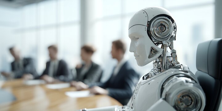 Close-up of a humanoid robot in a meeting room with blurred business people at the table, concept for artificial intelligence integration, advanced technology in workplace and automation process