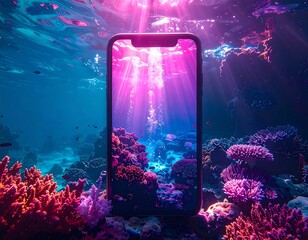 Underwater phone photo vibrant coral reef