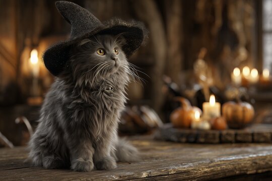 Cute fluffy gray kitten wearing a black witch hat sits on rustic wood table with pumpkins and candles, concept for festive Halloween, whimsical greeting cards and themed social media posts