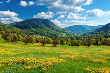Fototapeta premium Lush meadow with wildflowers and a mountain vista.