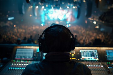 Back view audio engineer with headphones working at concert stage mixer, concept for live music production, sound system control and performance event management